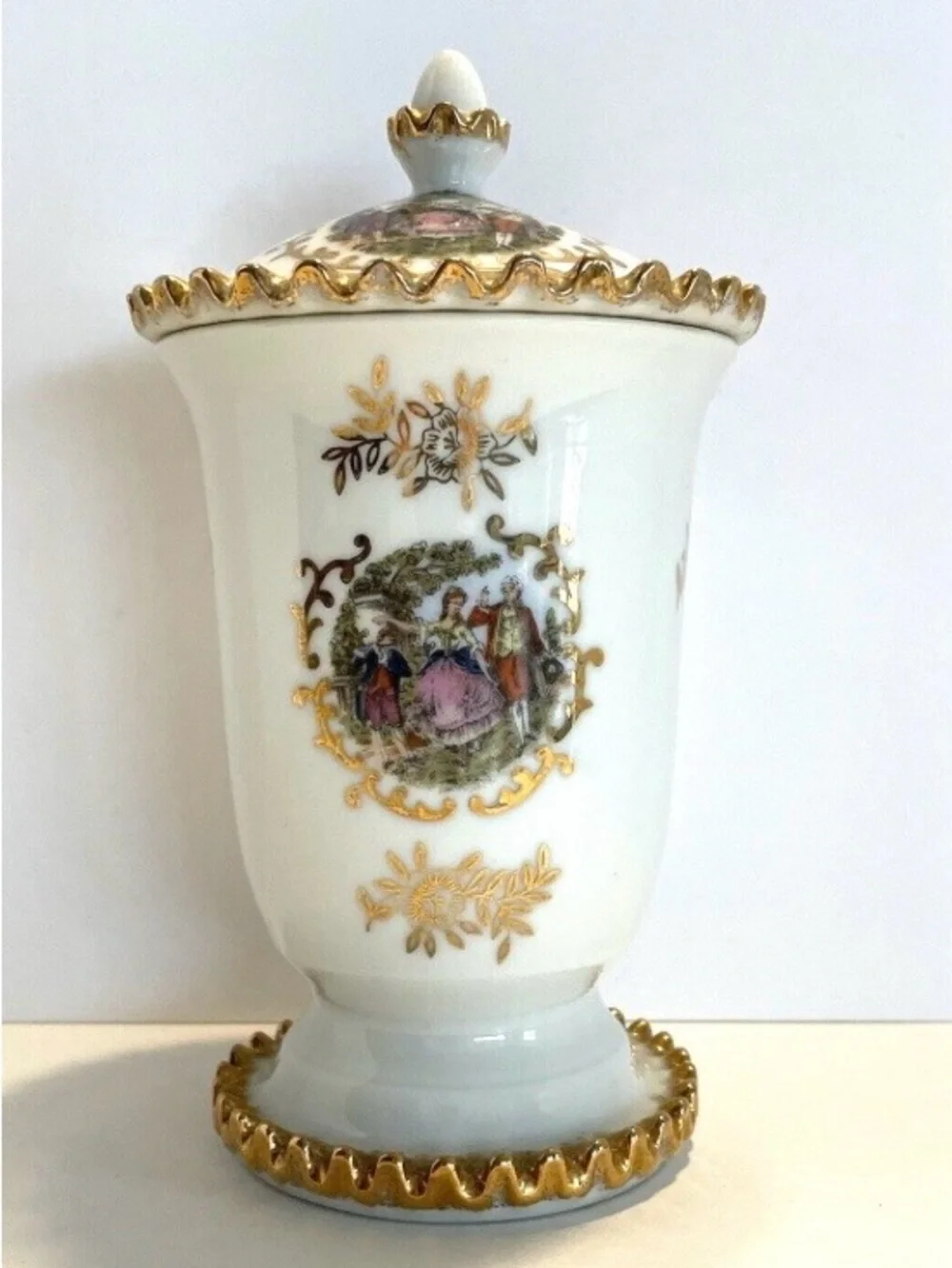 Vintage Lefton Porcelain Lidded Jar/Urn Hand Painted Courting Couple Gold Trim